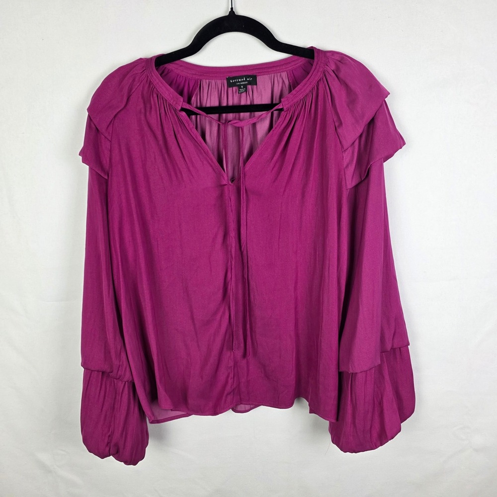 Current Air Los Angeles Magenta Ruffle Tiered Sleeve Tie V-Neck Blouse‎ Small